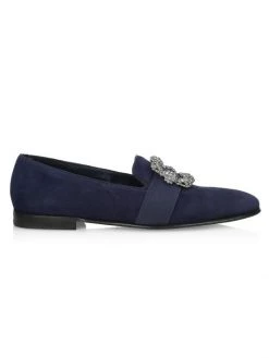 Manolo Blahnik Carlton Crystal Encrusted Buckle Suede Loafers For Men