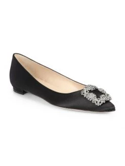 Manolo Blahnik Hangisi 25 Embellished Satin Flats Black