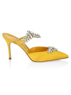 Manolo Blahnik Lurum 90 Embellished Satin Mules White Stoned